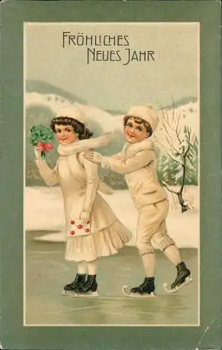Neujahr Sylvester New Year Junge und Mädchen mit Schlittschuhen 1912 Prägekarte