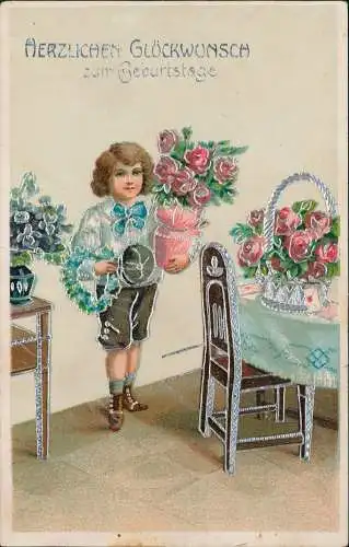 Glückwunsch Geburtstag Birthday Junge mit Rosen und Feilchenherz 1911 Silberrand