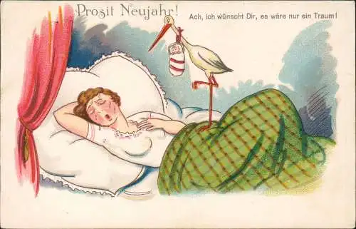 Ansichtskarte  Neujahr Sylvester New Year Scherzkarte Storch mit Baby ... 1927