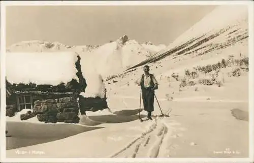 Postcard Norwegen Allgemein Winter Skiläufer Hütte Norge 1942
