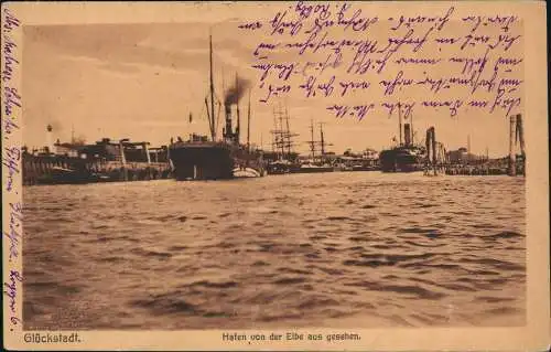Ansichtskarte Glückstadt Lykstad Hafen von der Elbe - Dampfer 1920