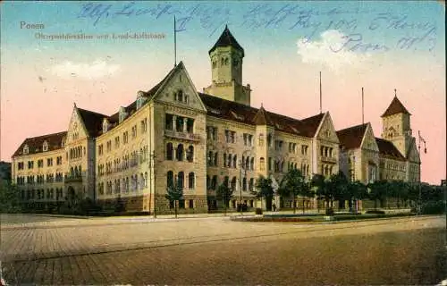 Postcard Posen Poznań Oberpostdirektion  Landschaftsbank 1917   Feldpoststempel