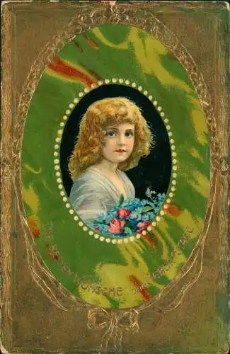 Glückwunsch Geburtstag Birthday Mädchen Gold 1912 Goldrand/Prägekarte