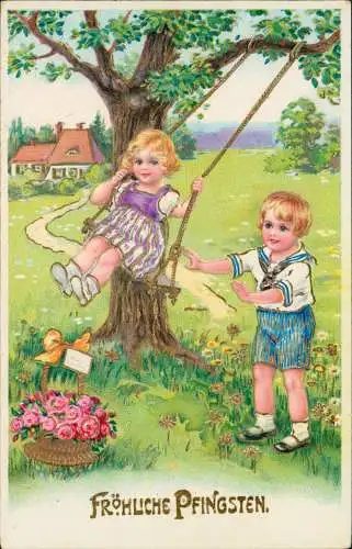 Pfingsten Junge und Mädchen auf Schaukel 1934 Prägekarte  gel. Bahnpoststempel