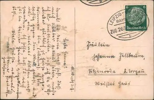 Pfingsten Junge und Mädchen auf Schaukel 1934 Prägekarte  gel. Bahnpoststempel