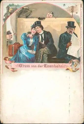 Ansichtskarte Litho AK Gruss von der Eisenbahn - Familie im Abteil 1904