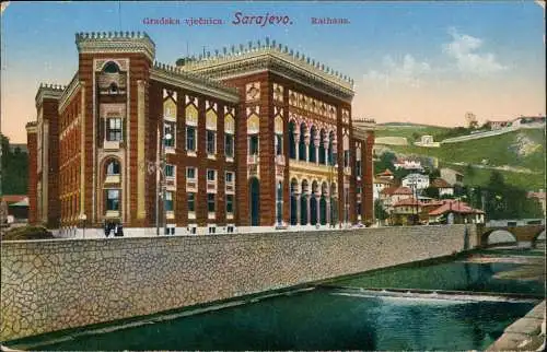 Postcard Sarajevo Straße - Rathaus Gradska vječnica 1914  gel. Stempel Sarajevo