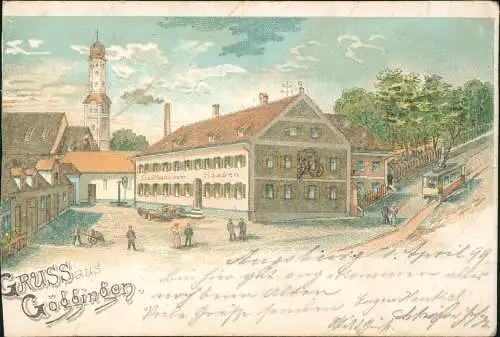 Ansichtskarte Litho AK Göggingen-Augsburg Gruss aus... Gasthaus Kirche 1899