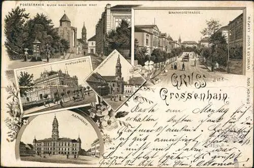 Litho AK Großenhain Poststrasse, Bahnhofstrasse Gruss aus... 1898