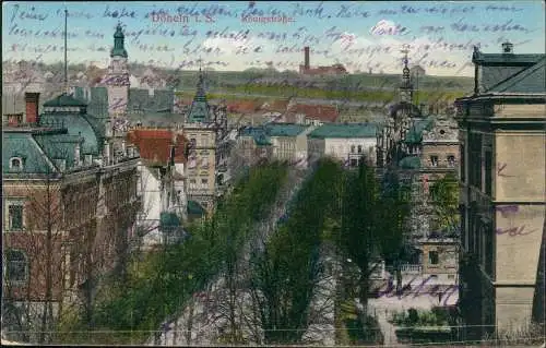 Ansichtskarte Döbeln Königstrasse, Fabrik im Hintergrund 1916