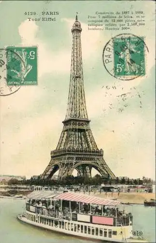 CPA Paris Eiffelturm Tour Eiffel - Ausflugsschiff 1914