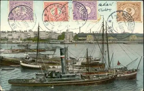 Postkaart Rotterdam Rotterdam Hafen - Dampfer Steamer 1914  gel. Mischfrankatur