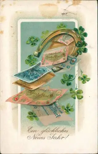Neujahr Sylvester New Year Geldscheine Kleeblätter Hufeisen 1911 Prägekarte