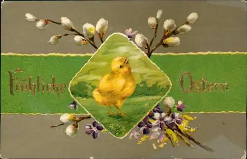 Ansichtskarte  Ostern / Eastern Küken Goldschrift Maikätzchen 1908 Goldrand