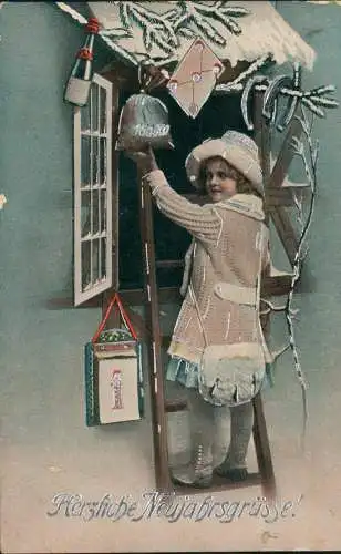 Neujahr Sylvester New Year Mädchen am Fenster Geldsack 1919 Silberrand