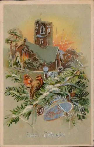 Weihnachten - Christmas Vögel auf Tannenzweig Kirche 1913 Silberrand