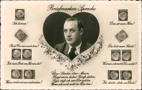 Ansichtskarte  Briefmarken Sprache Ansichtskarte Hindenburg Herz Mann 1937