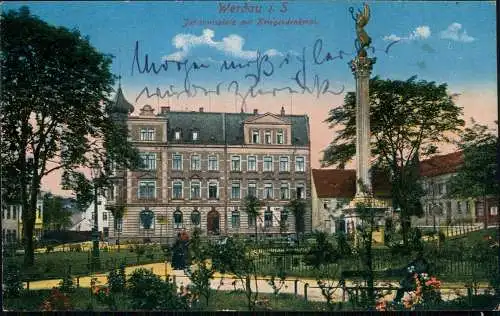 Ansichtskarte Werdau Johannisplatz mit Kriegerdenkmal. 1914