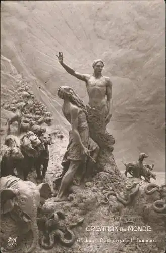 Künstlerkarte lebende Skulpturen CREATION DU MONDE 6 Jour Dieu crea  1916