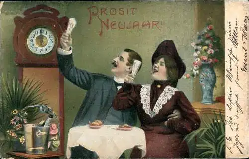 Neujahr Sylvester New Year Mann und Frau mit Sektglas Standuhr 1905