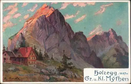 Ansichtskarte Alpthal Schwyz Künstlerkarte Hütte und Berge 1908