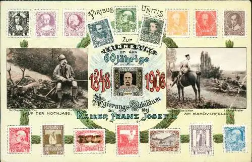 Ansichtskarte  Briefmarken AK KuK Kaiser Franz Josef 60 Jahre Österreich 1908