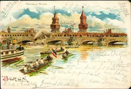 Friedrichshain-Berlin Oberbaumbrücke, Ruderer - Patriotika Künstlerlitho 1902