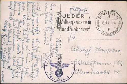 Ansichtskarte Stuttgart Blick d. Alten Weinsteige 1941  gel. Feldpoststempel WK2