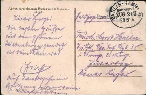 Russen aus der Masurenschlacht Ostpreußen 1916  gel. Bahnpoststempel