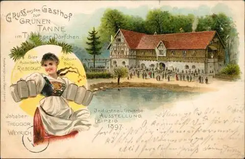 Litho AK Leipzig  Gasthof Grüne  Tanne Ausstellung 1897   gel. Bahnpoststempel