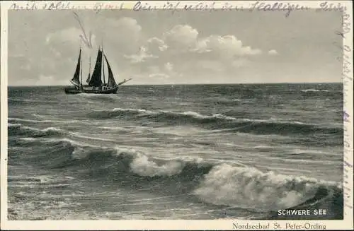 Ansichtskarte St. Peter-Ording Segelboot - schwere See 1934