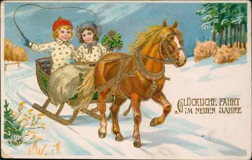 Neujahr Sylvester New Year Kinder im Pferdeschlitten 1912 Goldrand