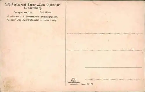 Ansichtskarte Lücklemberg-Dortmund Café-Restaurant Bauer Zum Olpkertal 1909