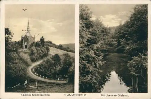 Ansichtskarte Flammersfeld Westerwald 2 Bild Kapelle Märchensee Diefenau 1937