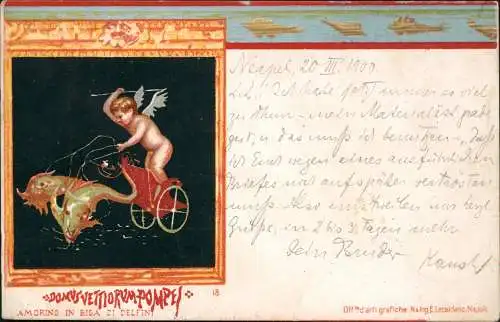 Cartoline Pompei Kunstrelief Amorino in Biga di Delfini 1900