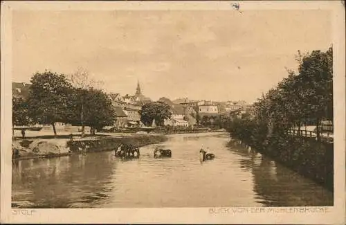 Stolp Słupsk Blick von der Mühlenbrücke Pommern 1915 gel Bahnpost Danzig Berlin