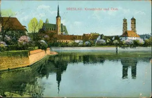 Postcard Breslau Wrocław Kreuzkirche und Dom. 1915