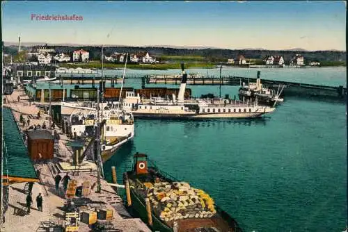 Ansichtskarte Friedrichshafen Hafen, Lastschiff und Dampfer St. Gallen 1920