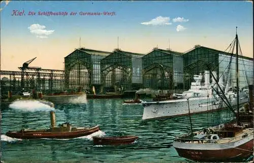 Ansichtskarte Kiel Germania-Werft, Marine Kriegsschiffe 1914