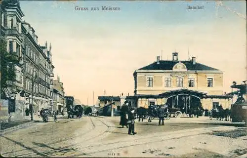 Ansichtskarte Meißen Straßenpartie und Bahnhof 1902