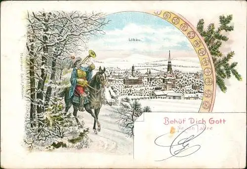 Ansichtskarte Litho AK Löbau Behüt dich Gott Reiter Stadt im Winter 1899