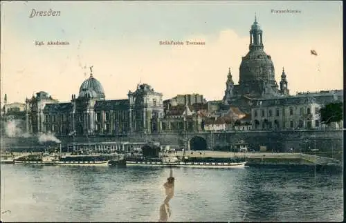 Ansichtskarte Dresden Frauenkirche, Terrasse und Elbdampfer 1908