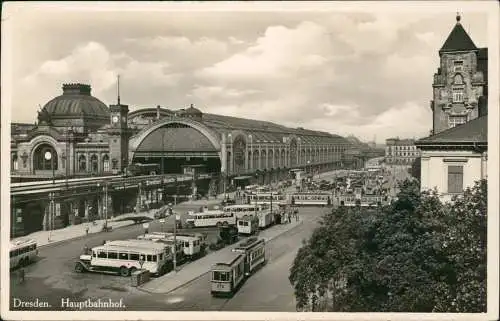 Ansichtskarte Seevorstadt-Dresden Hauptbahnhof, Straßenbahn, Bus 1936