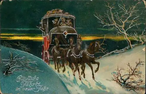 Neujahr Sylvester New Year Kutsche im Morgengrauen 1912 Silberrand