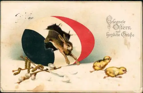 Ostern / Eastern Hase springt aus Osterei Küken Patriotika 1915 Prägekarte