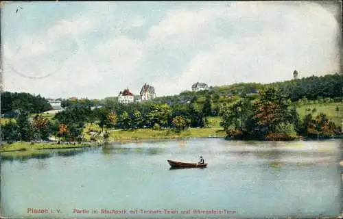 Plauen (Vogtland) Partie im Stadtpark Tennera-Teich und Bärenstein-Turm. 1922