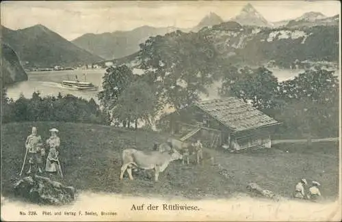 Ansichtskarte Seelisberg Bergwiese Rütli Kühe Menschen Hütte 1905