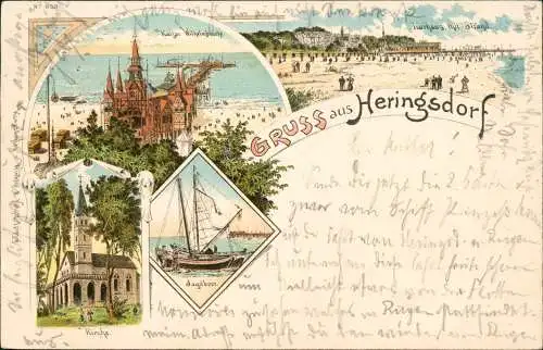 Litho AK Bansin-Heringsdorf Usedom Seebrücke, Boot, Strand, Kirche 1898