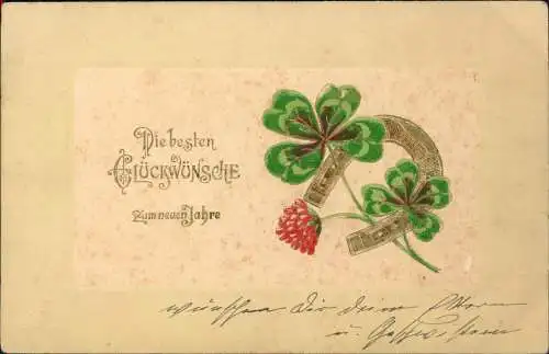 Neujahr Sylvester New Year Kleeblatt - Hufeisen 1904 Goldrand/Prägekarte