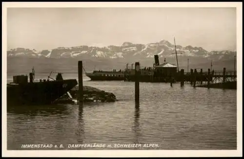 Immenstaad a. Bodensee Ortsansicht, Hafen Schiffe, Schweizer Alpen 1940